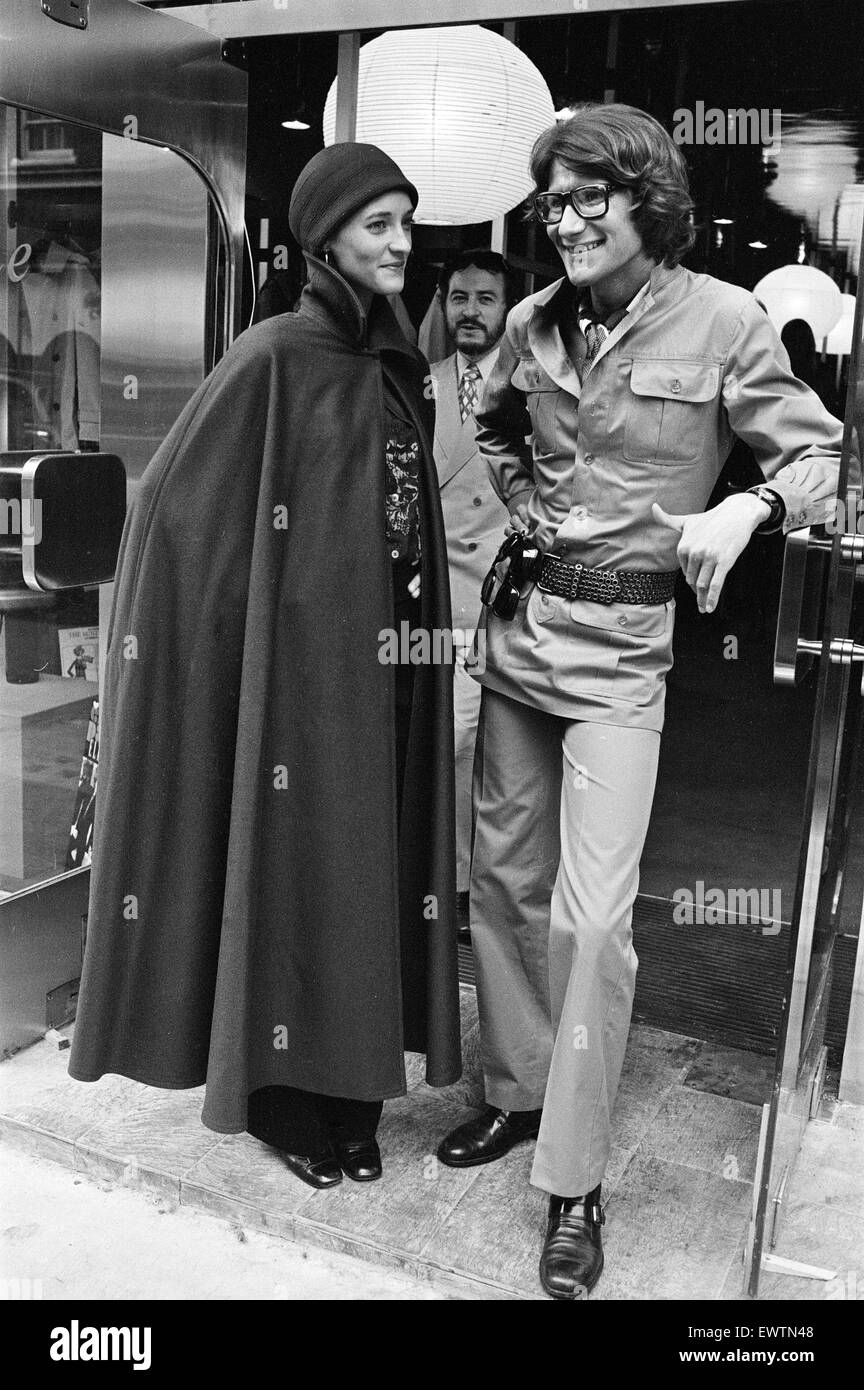 Yves Saint Laurent, designer pictured with muse Louise de La Falaise, aka Loulou outside his first London Rive Gauche store on New Bond Street, London, opening day of boutique, 10th September 1969. Stock Photo