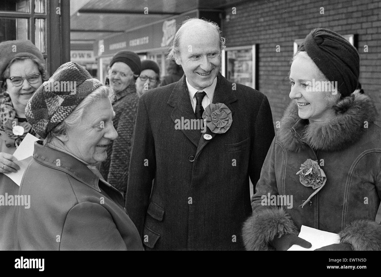 Anthony Barber, Chancellor of the Exchequer and Conservative Member of Parliament for Altrincham and Sale, pictured campaigning with wife Jean in Altrincham and Sale, Greater Manchester, ahead of 1974 General Election, 23rd February 1974. Stock Photo