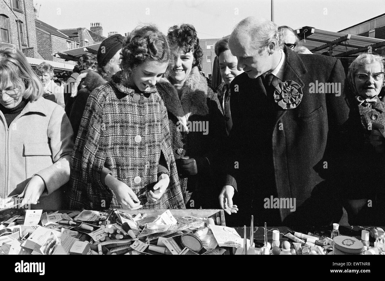 Anthony Barber, Chancellor of the Exchequer and Conservative Member of Parliament for Altrincham and Sale, pictured campaigning in Altrincham and Sale, Greater Manchester, ahead of 1974 General Election, 23rd February 1974. Stock Photo