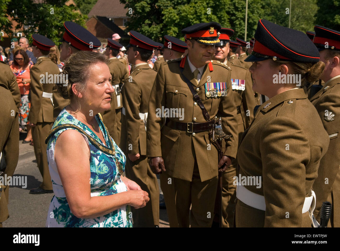 Mayor, Sally Pond, inspecting the troops, Farewell to the Garrison Festival, Bordon, Hampshire, UK. Saturday 27 June 2015. Stock Photo