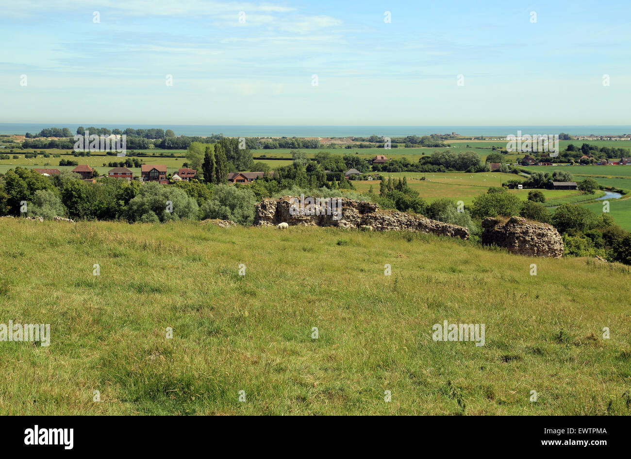View over Romney Marsh and West Hythe from Saxon Shore Way, Lympne, Folkestone, Kent, England, United Kingdom Stock Photo