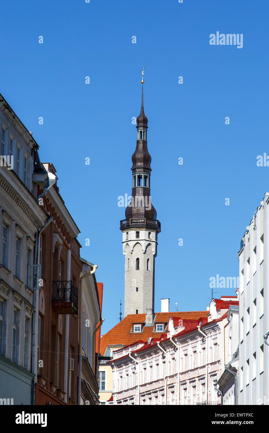 Front view of medieval Lutheran Church of the Holy Ghost in Tallinn, Estonia, on blue clear sky background. Stock Photo