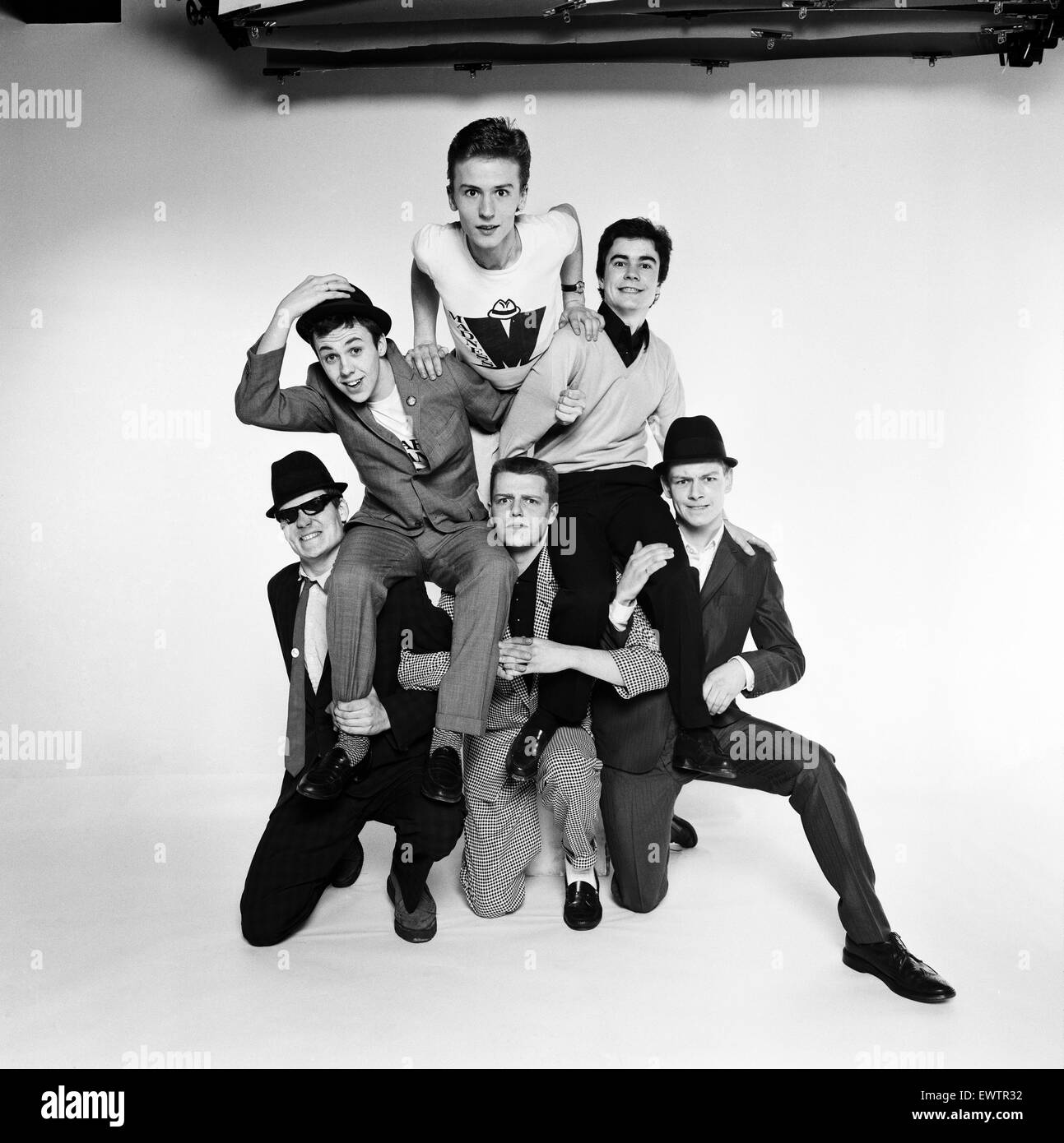 Pop group Madness pose in the Daily Mirror Studio, minus member Lee Thompson. 11th February 1980. Stock Photo