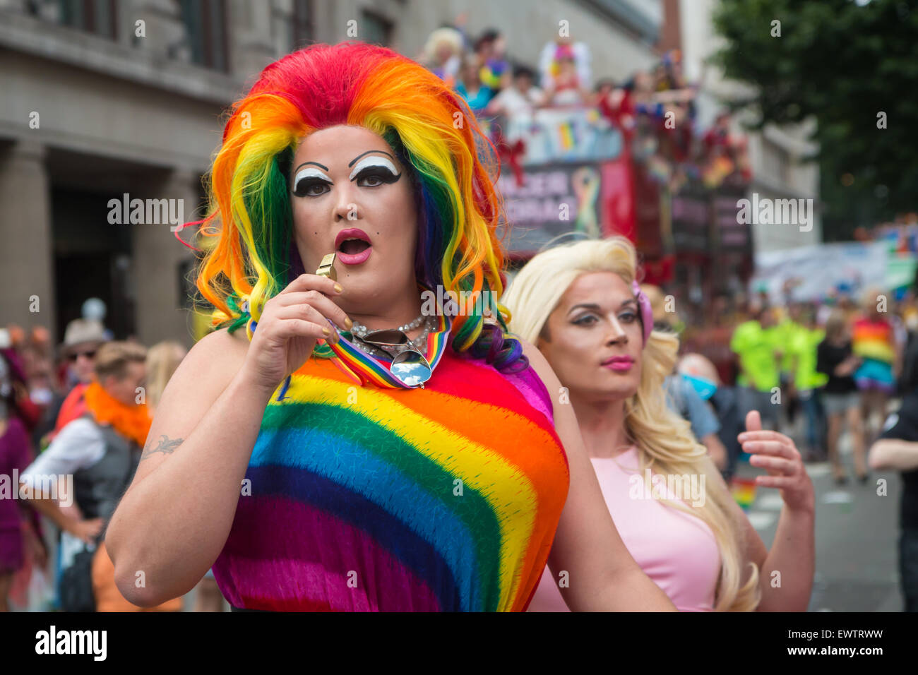 Drag Queen dress in rainbow at Pride in London 2015 Stock Photo
