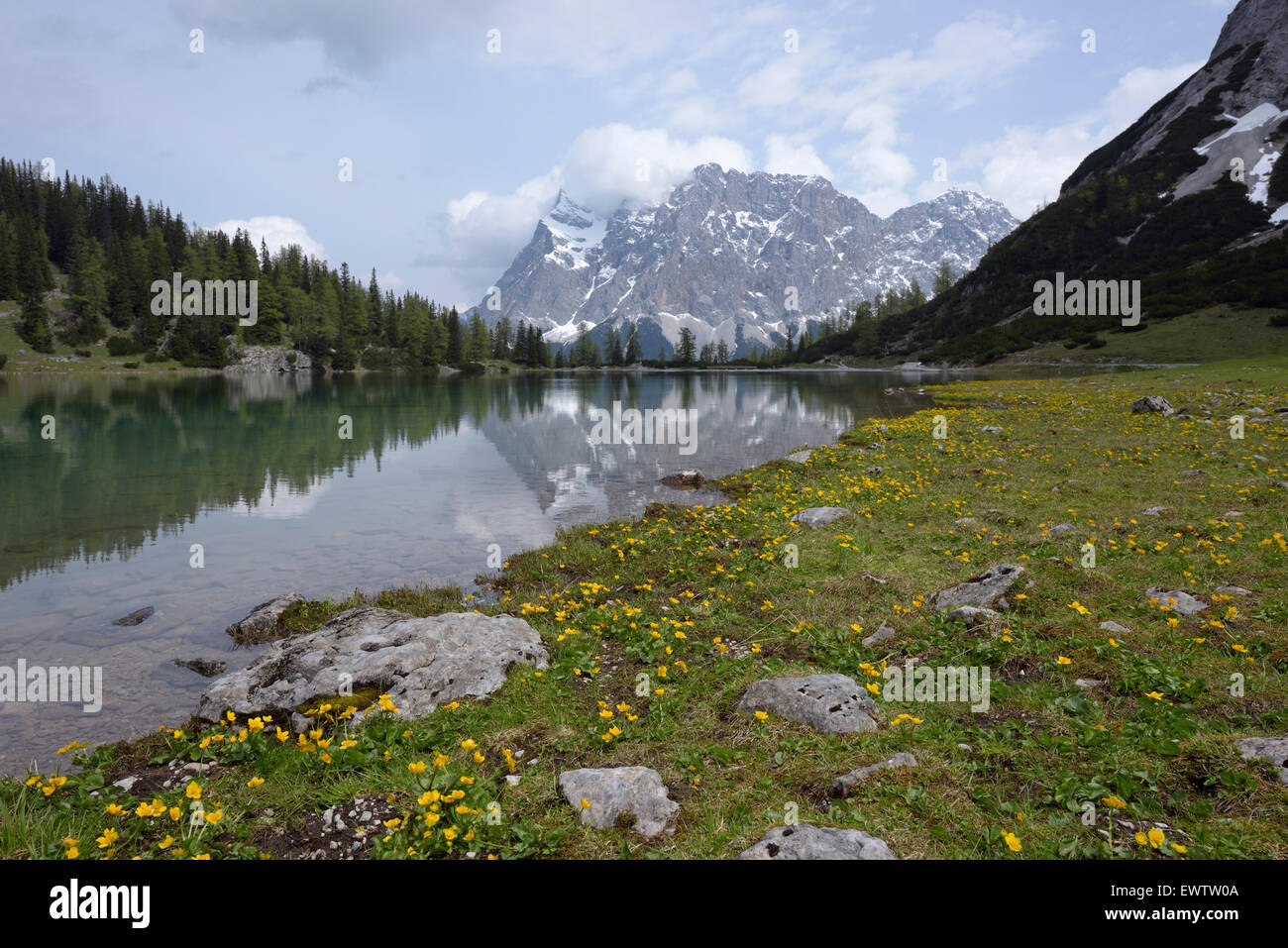 Zugspitze massif reflecting in mountain lake Seebensee, Austria Stock ...