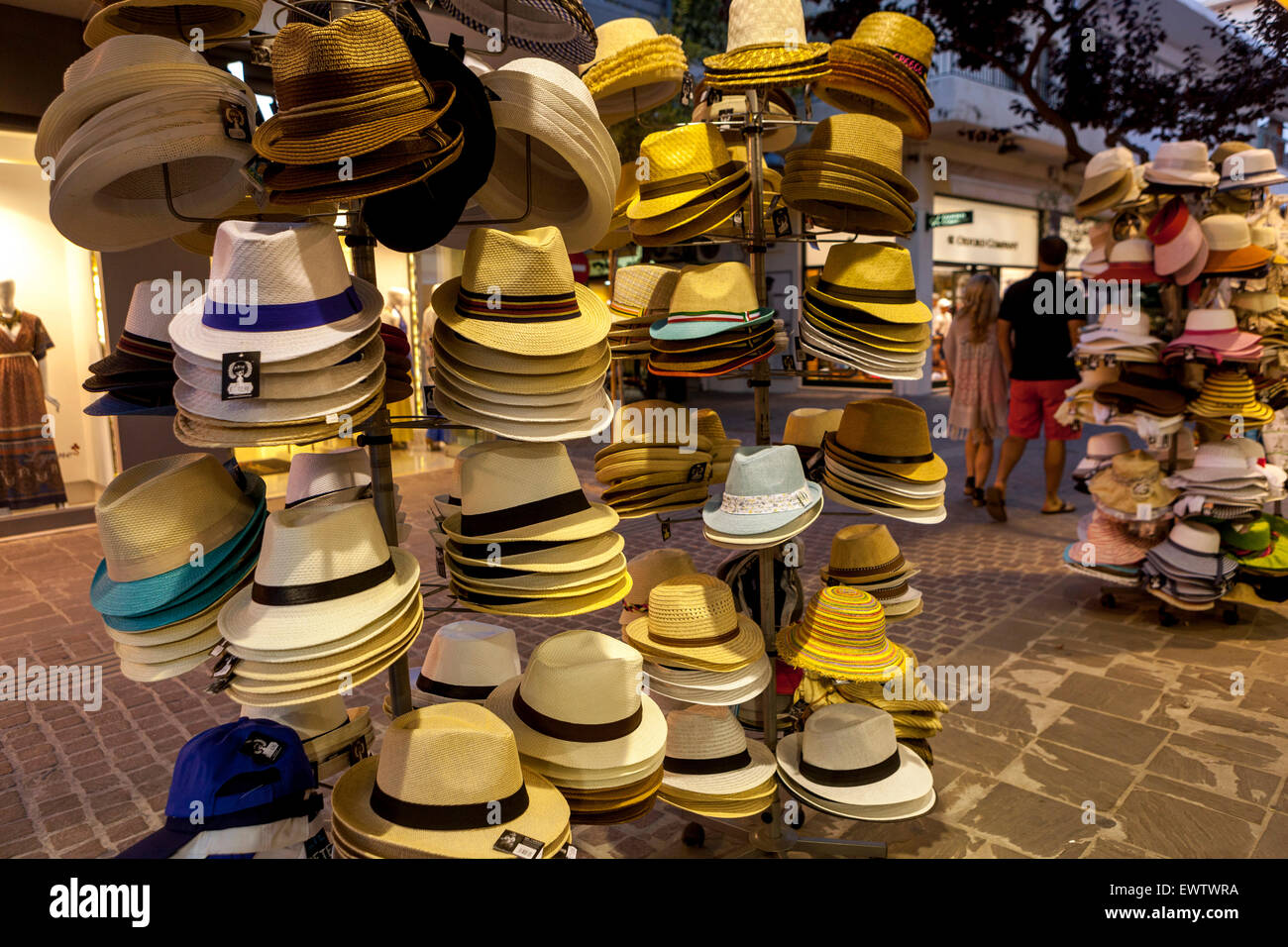 Old Venetian port of Chania, Sell straw hats on the street, Crete, Greek Islands, Greece, Europe Stock Photo