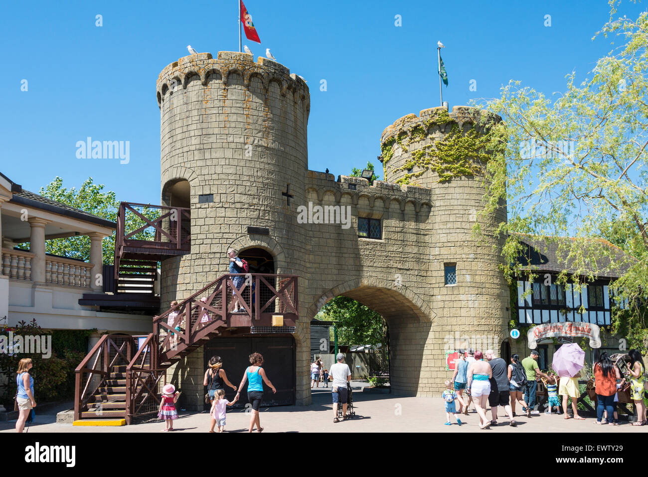 Castle Gate, Market Square, Chessington World of Adventures Theme Park, Chessington, Surrey, England, United Kingdom Stock Photo