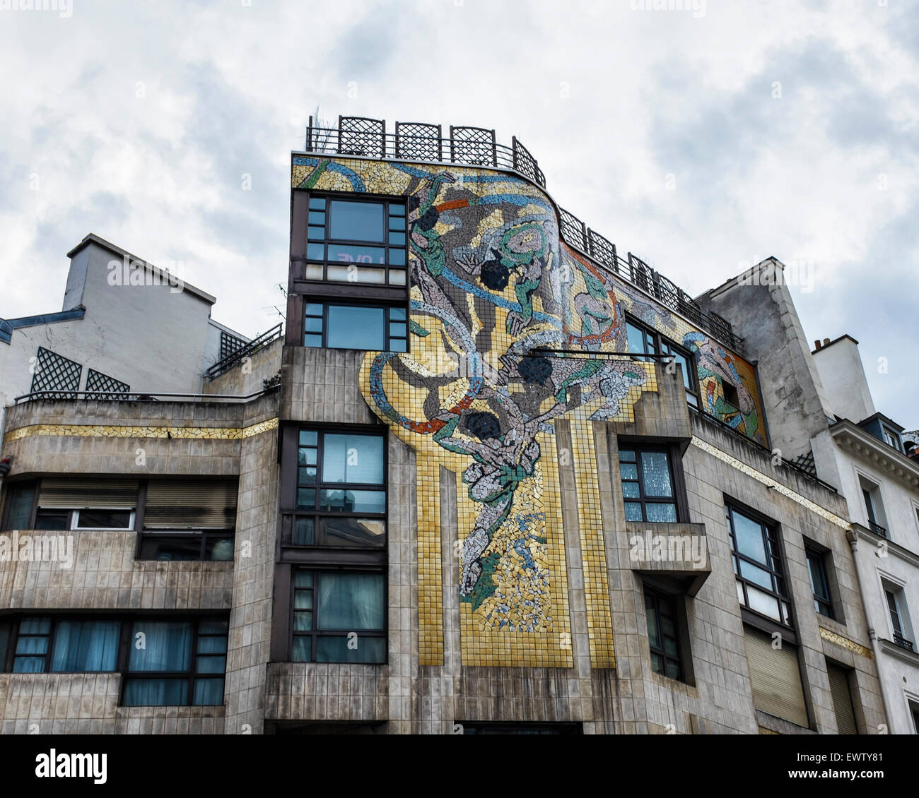 Paris street art, Elaborate mosaic on concrete apartment building Stock