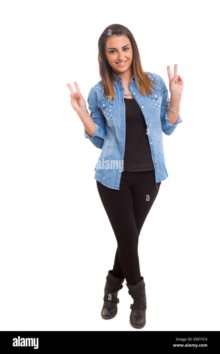 Studio shot: Happy woman with raised arms Stock Photo - Alamy