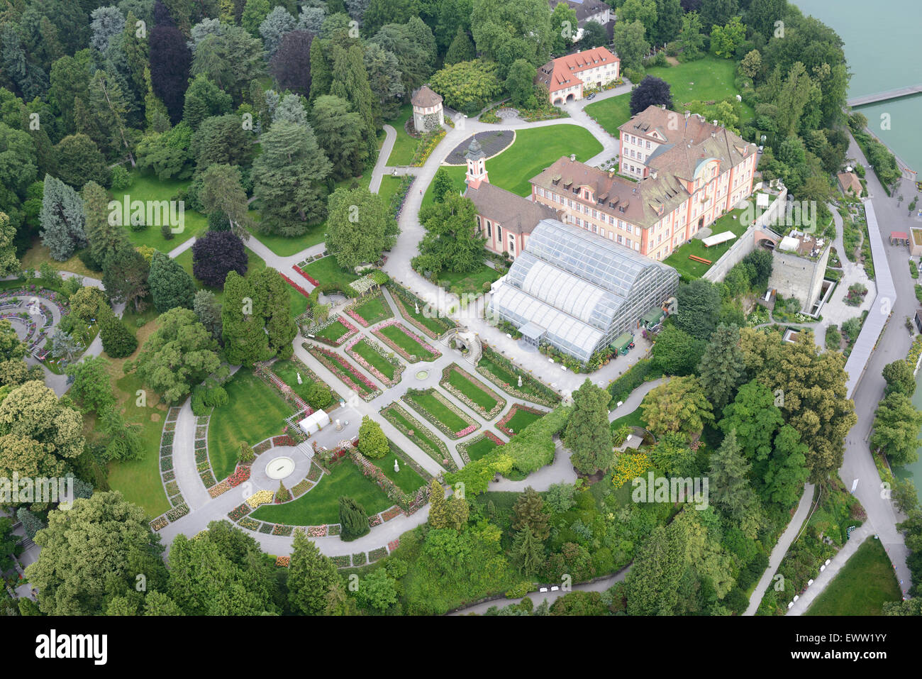 AERIAL VIEW. Castle of Mainau with its palm tree greenhouse and garden. Mainau Island, Lake Constance, Baden-Württemberg, Germany. Stock Photo