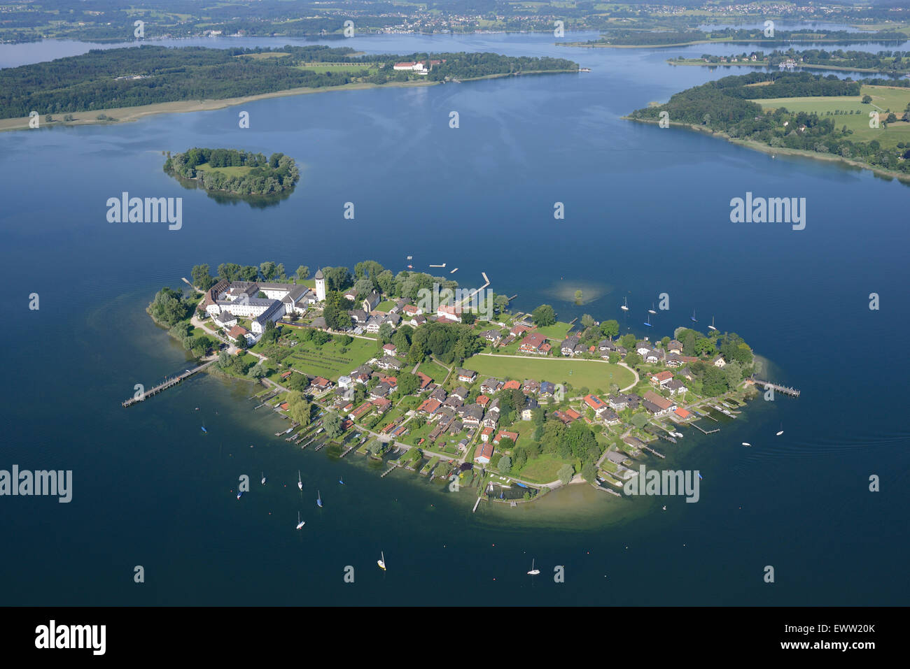 AERIAL VIEW. Frauenchiemsee (also known as Fraueninsel) Island. Lake Chiemsee, Bavaria, Germany. Stock Photo