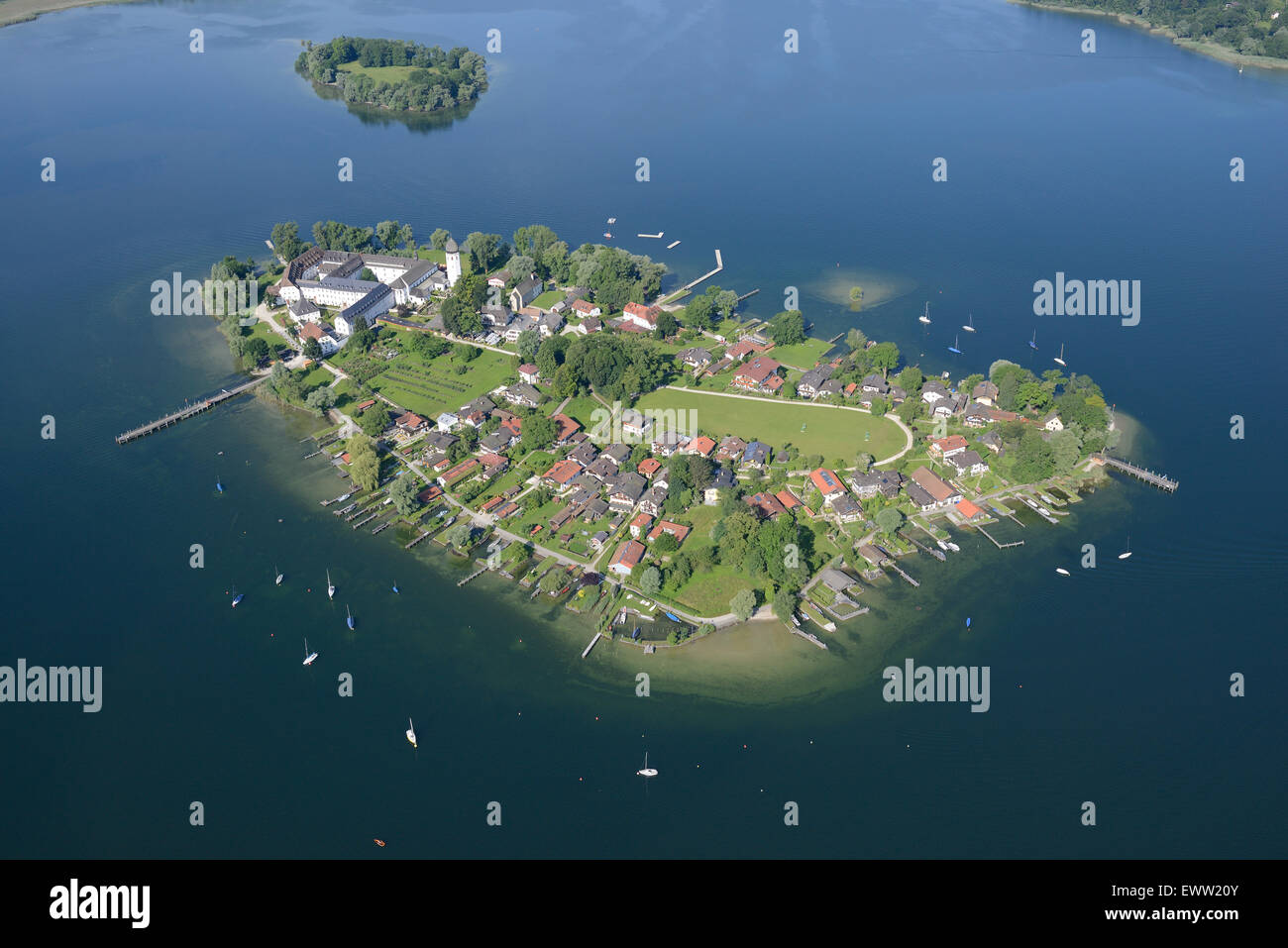 AERIAL VIEW. Frauenchiemsee (also known as Fraueninsel) Island. Lake Chiemsee, Bavaria, Germany. Stock Photo