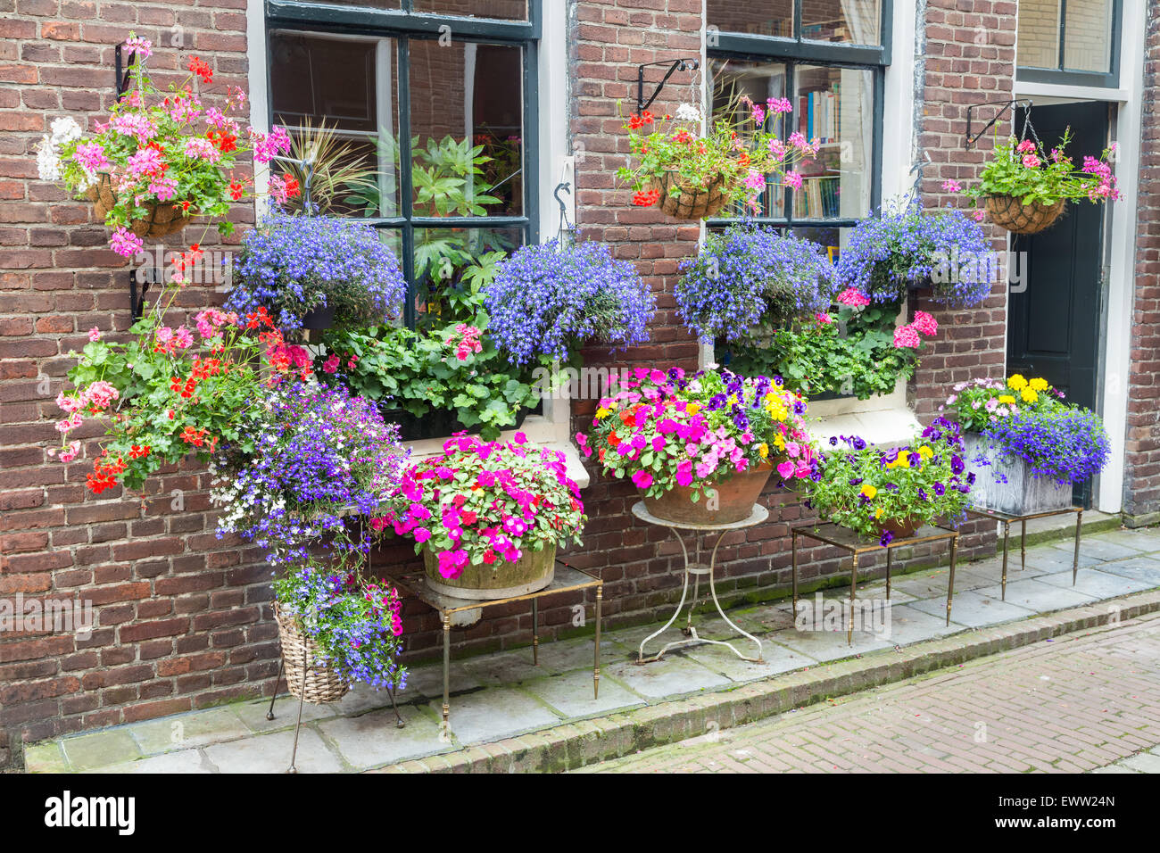 Many pottery flowers hanging at brick wall in summer season Stock Photo