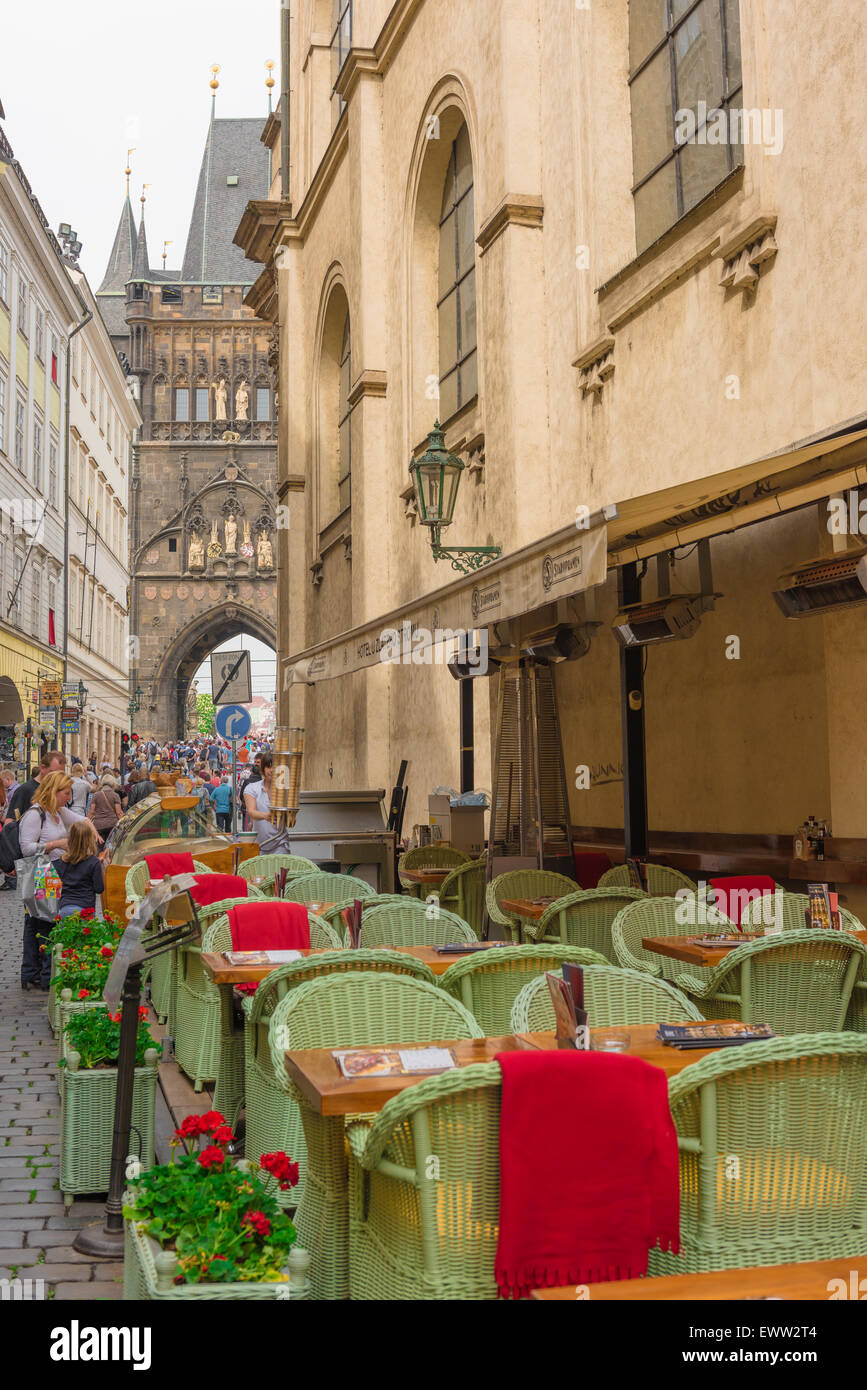 Prague Old Town, view of tables set for lunch outside a restaurant along the Karlova in the Stare Mesto area of Prague, Czech Republic. Stock Photo