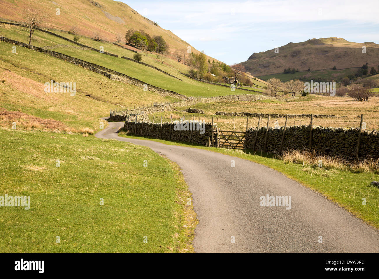 Narrow road and dry stonewall, Boredale valley, Martindale, Lake District national park, Cumbria