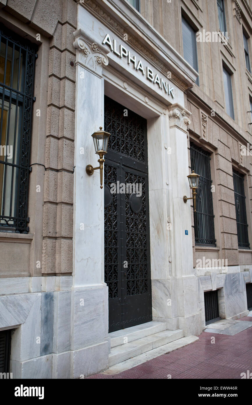 A closed Alpha Bank amid the Bank capital controls in Athens, Greece. Stock Photo