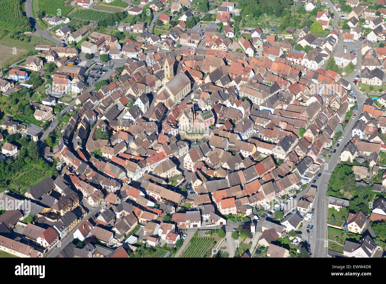 AERIAL VIEW. Eguisheim: labeled one of France's most beautiful village and elected France's most beautiful village in 2013, Alsace, Grand Est, France. Stock Photo