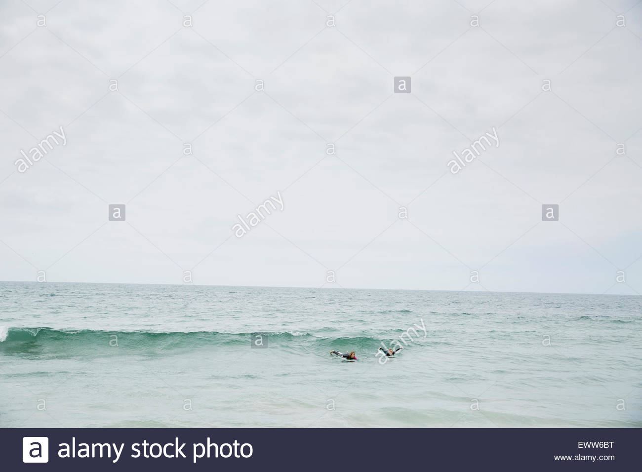 Female surfers paddling in ocean Stock Photo