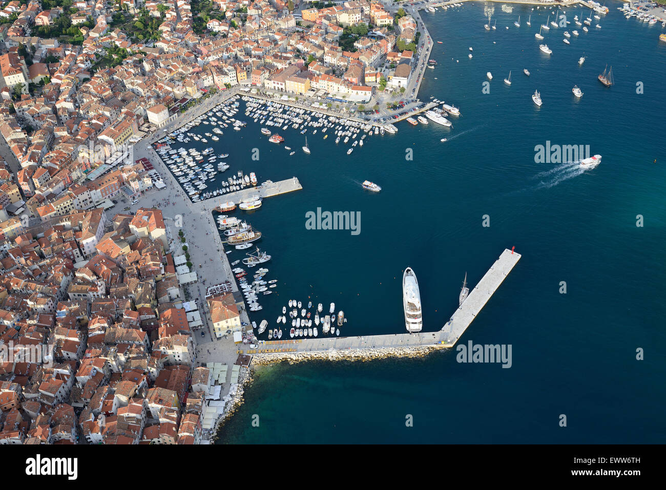 AERIAL VIEW. Marina of Rovinj. City of Rovinj (also named Rovigno, its Italian name), Istria, Croatia. Stock Photo