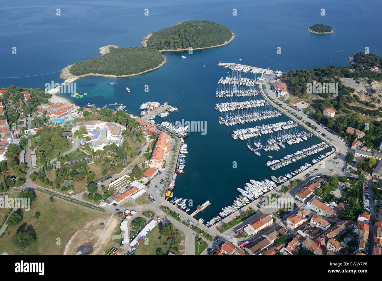 AERIAL VIEW. Marina of Vrsar and Sveti Juraj Island. City of Vrsar (also known as Orsera, its Italian name), Istria, Croatia. Stock Photo