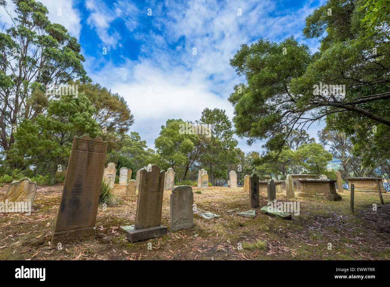 Old gravestones in the Isle of the Dead located in the harbor off Port Arthur, Tasman Peninsula, Tasmania, Australia. . Stock Photo