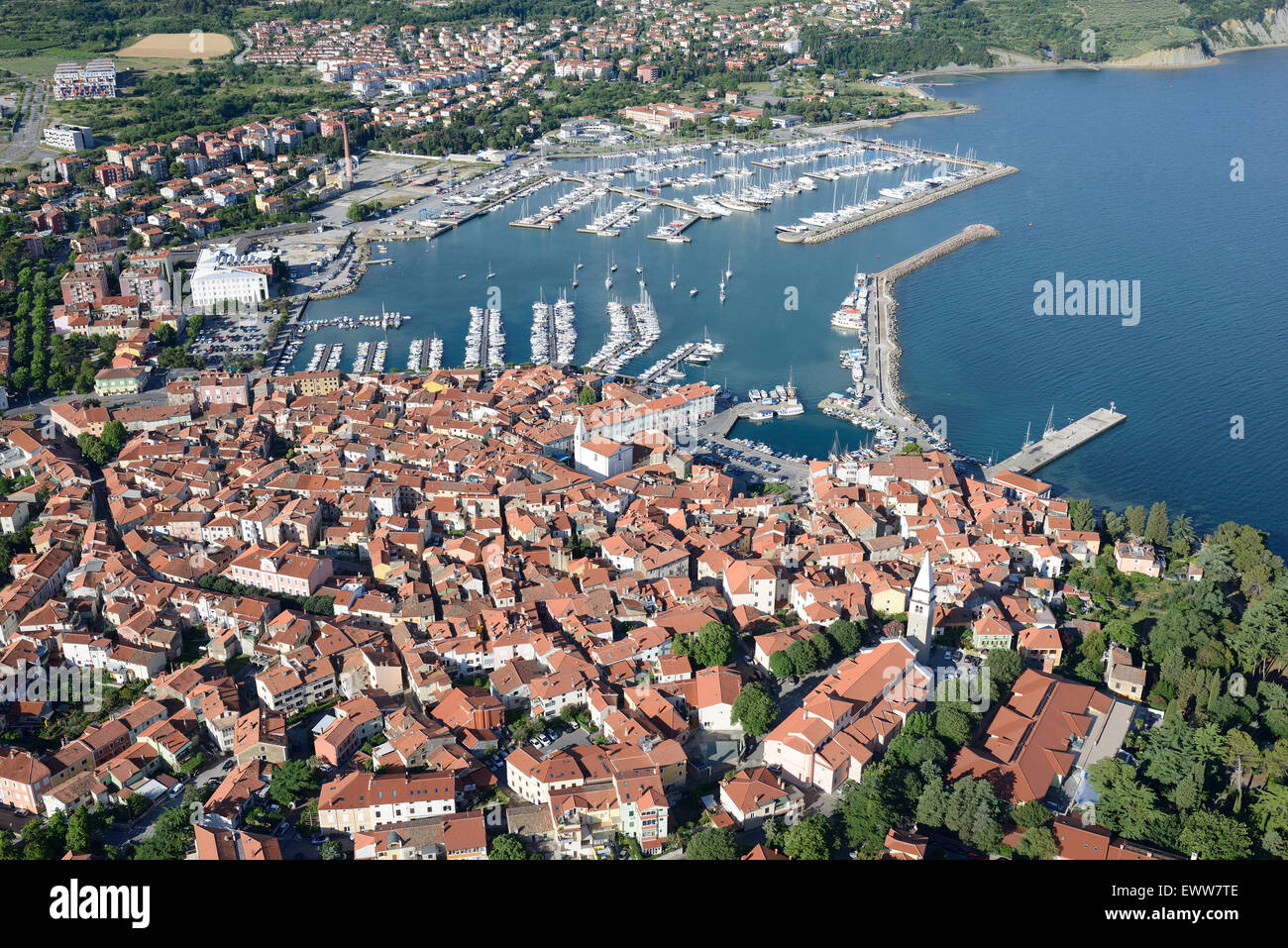 AERIAL VIEW. Marina of Izola. City of Izola (also known as Isola, its Italian name), Slovenia. Stock Photo