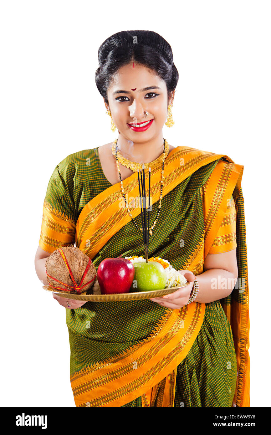 1 indian Marathi woman plate Worship Stock Photo