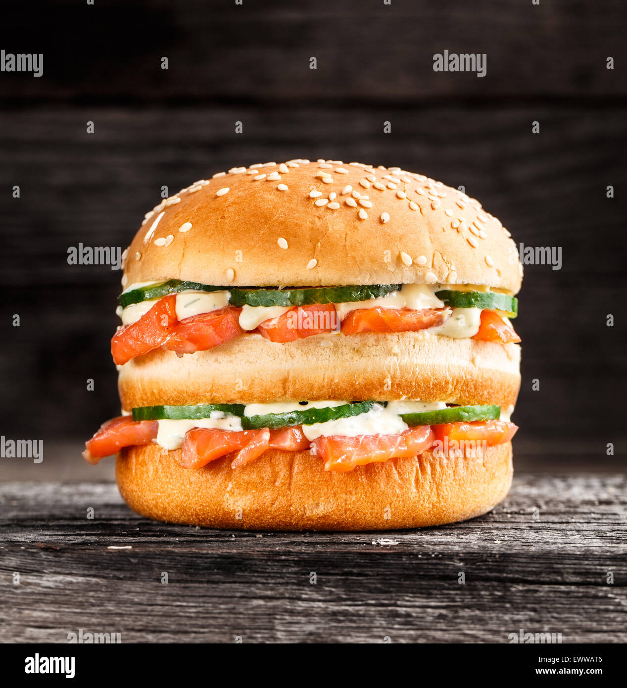 Double burger with salmon Stock Photo