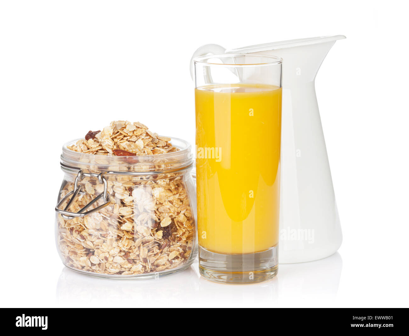 Healthy breakfast with muesli, orange juice and milk. Isolated on white