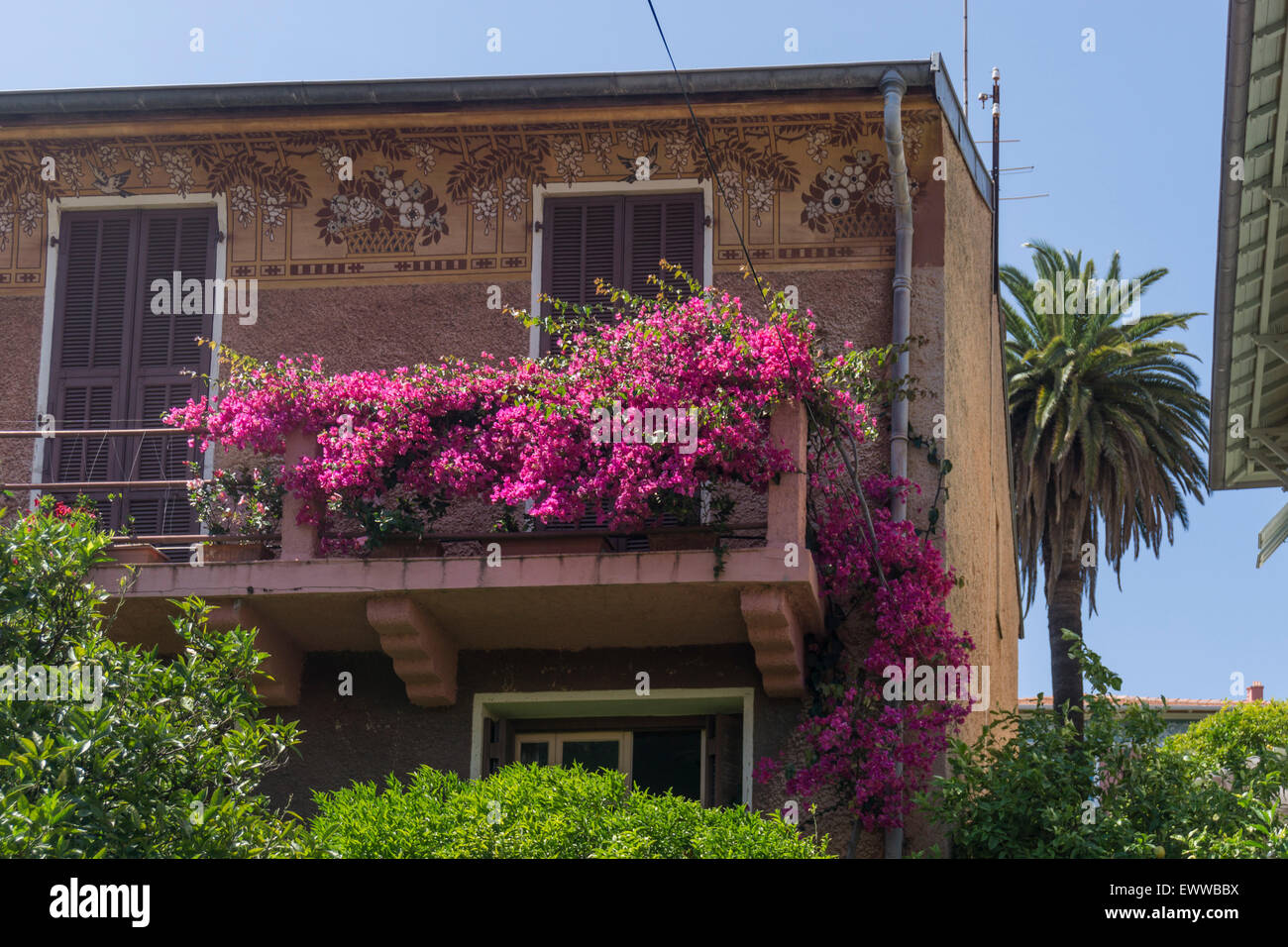 Balcony with flowers in Villefranche, Cote d Azur, France Stock Photo