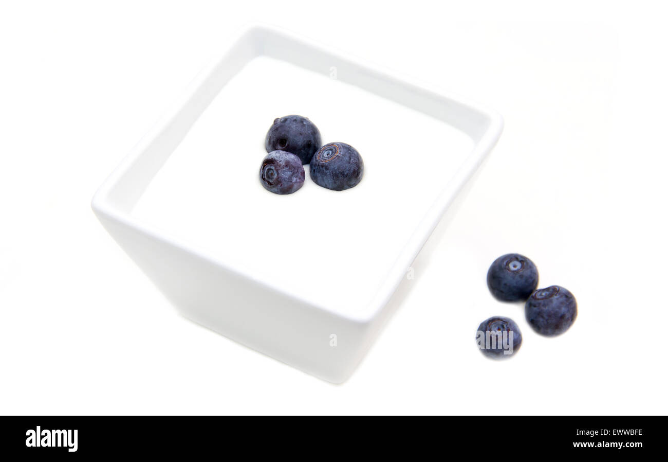 Yogurt with blueberries on square bowl on a white background Stock Photo