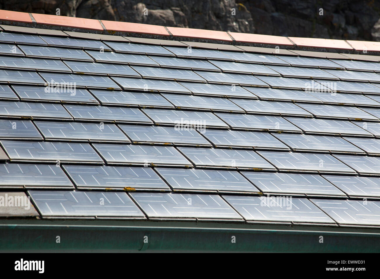 Close up of photovoltaic roof tiles on building, Kynance Cove, Cornwall