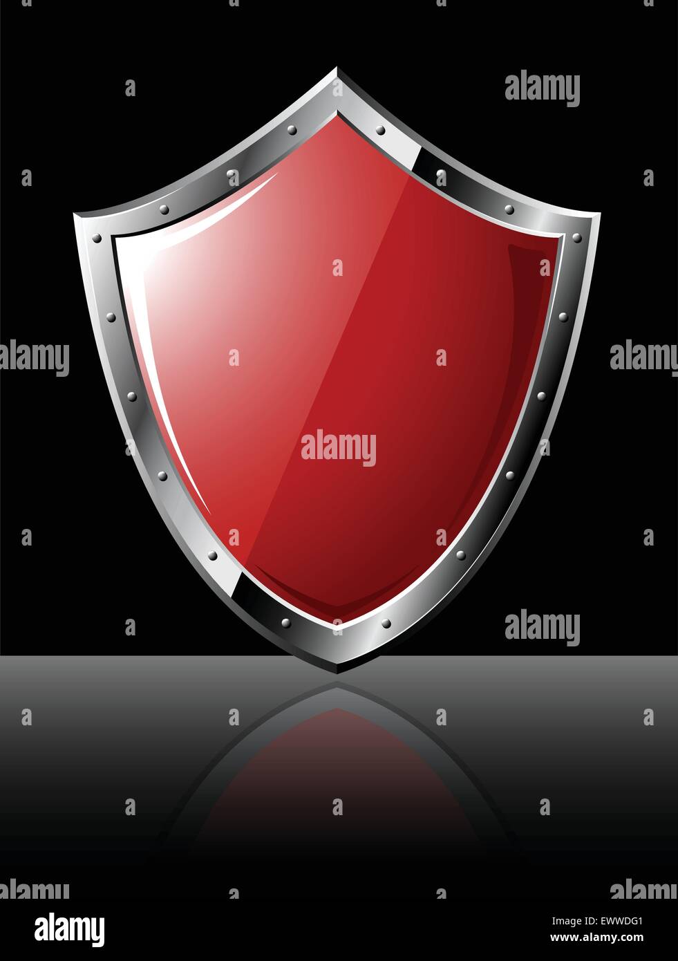 Steel red shiny shield isolated on black Stock Vector