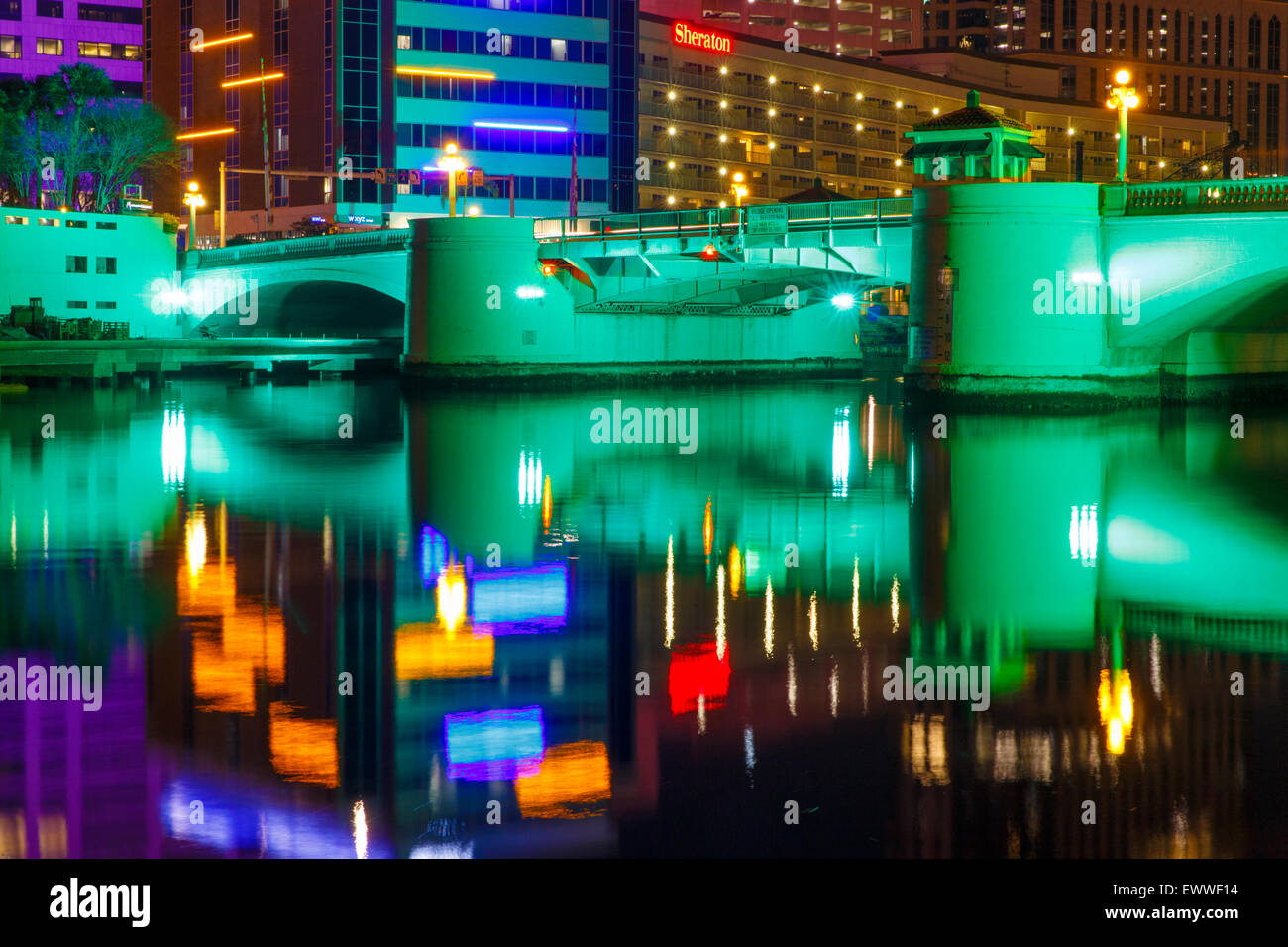 FEBRUARY 20, 2015 - TAMPA, FLORIDA: The City of Tampa is awash in color as its reflected in the Hillsborough River during the Li Stock Photo