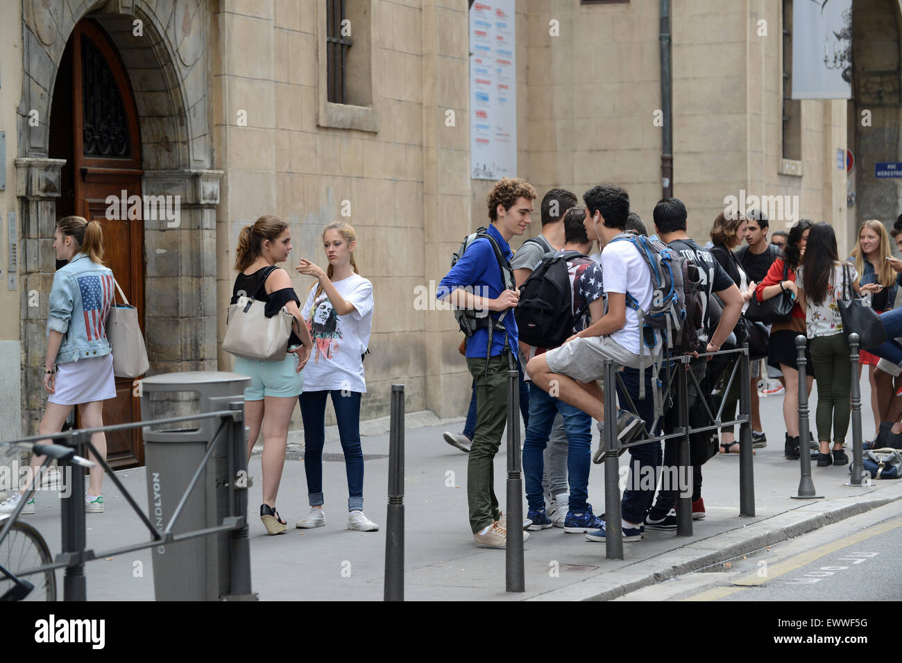 French Students pupils oustide Lycee Ampere college in Lyon France Stock Photo