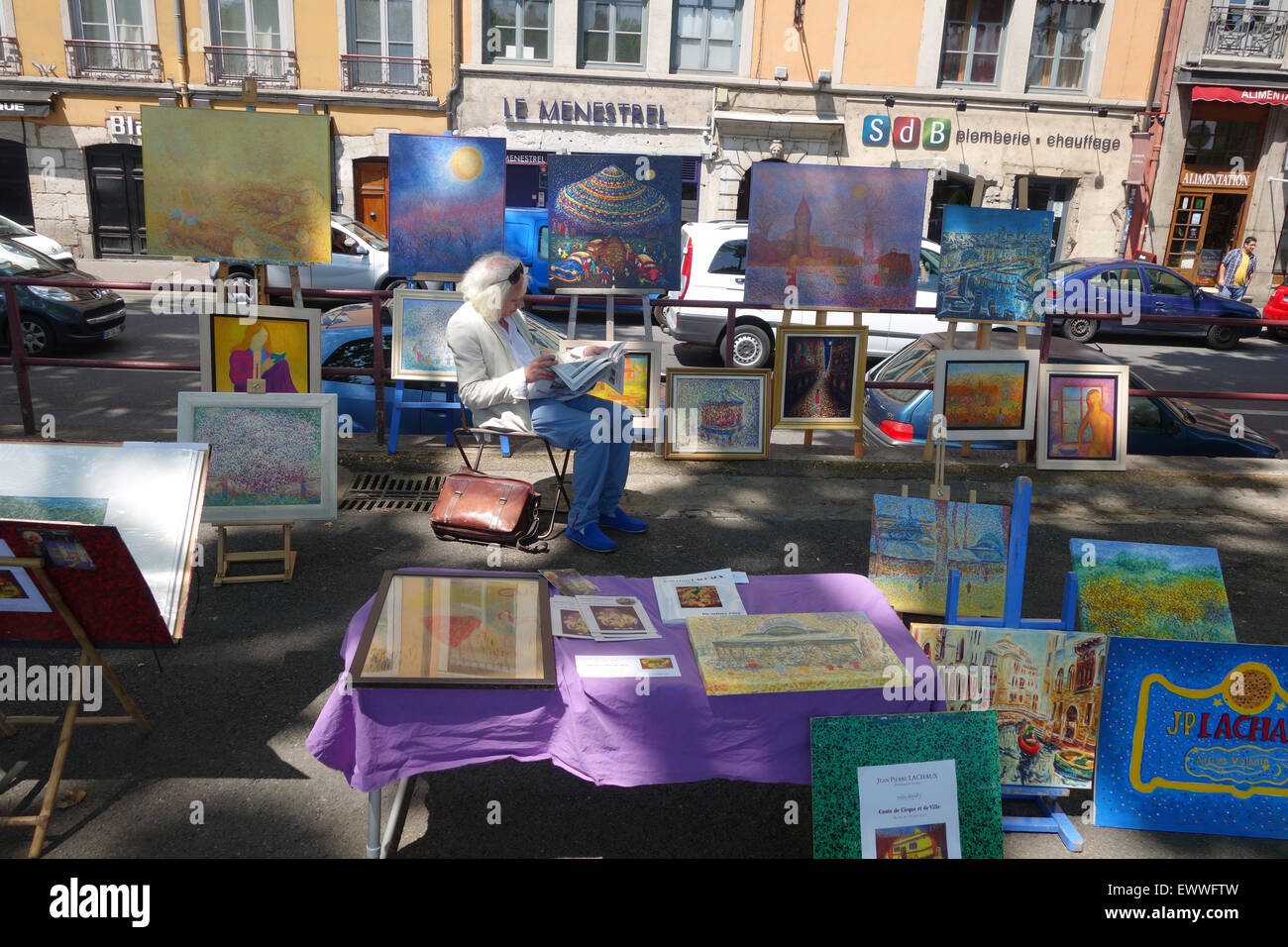 Artist selling at art Artists Market Near The Saone River Lyon France Stock Photo