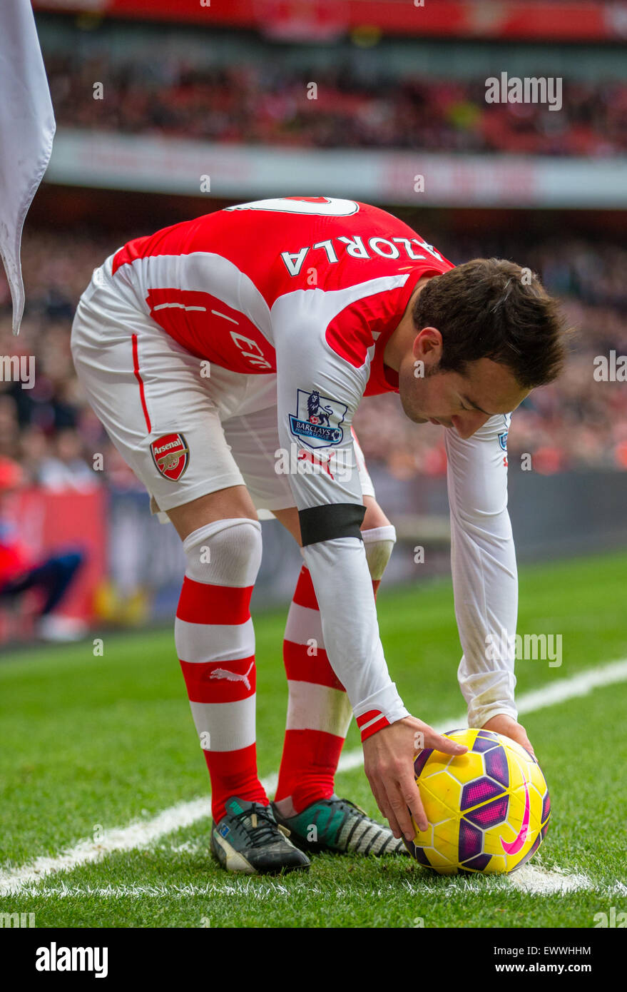 Cazorla lines up his corner kick against Stoke at the Emirates Stadium on January 11, 2015. Stock Photo