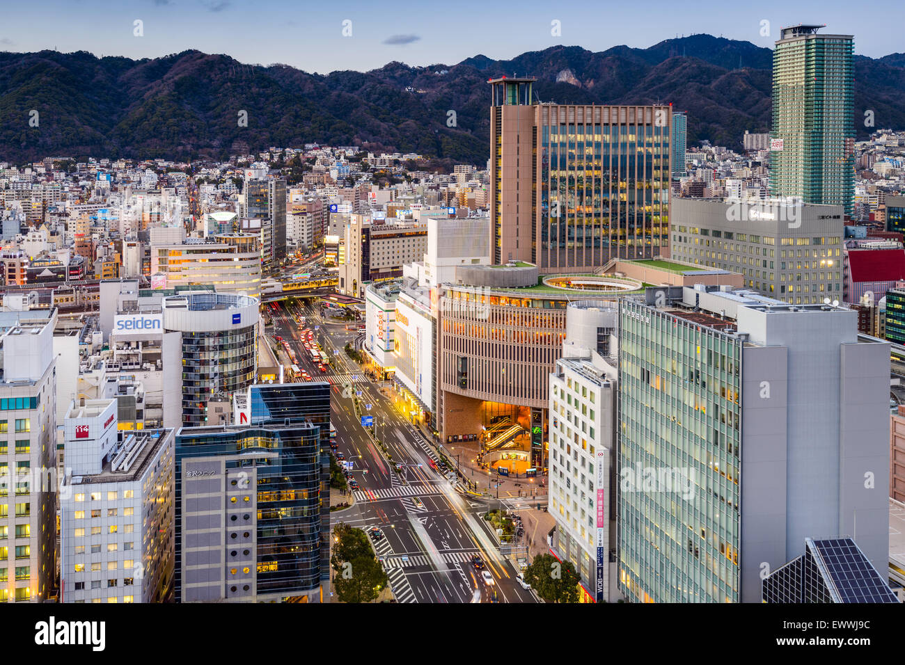 KOBE, JAPAN - JANUARY 25, 2013: Sannomiya district of Kobe. It is the largest downtown district in the city. Stock Photo