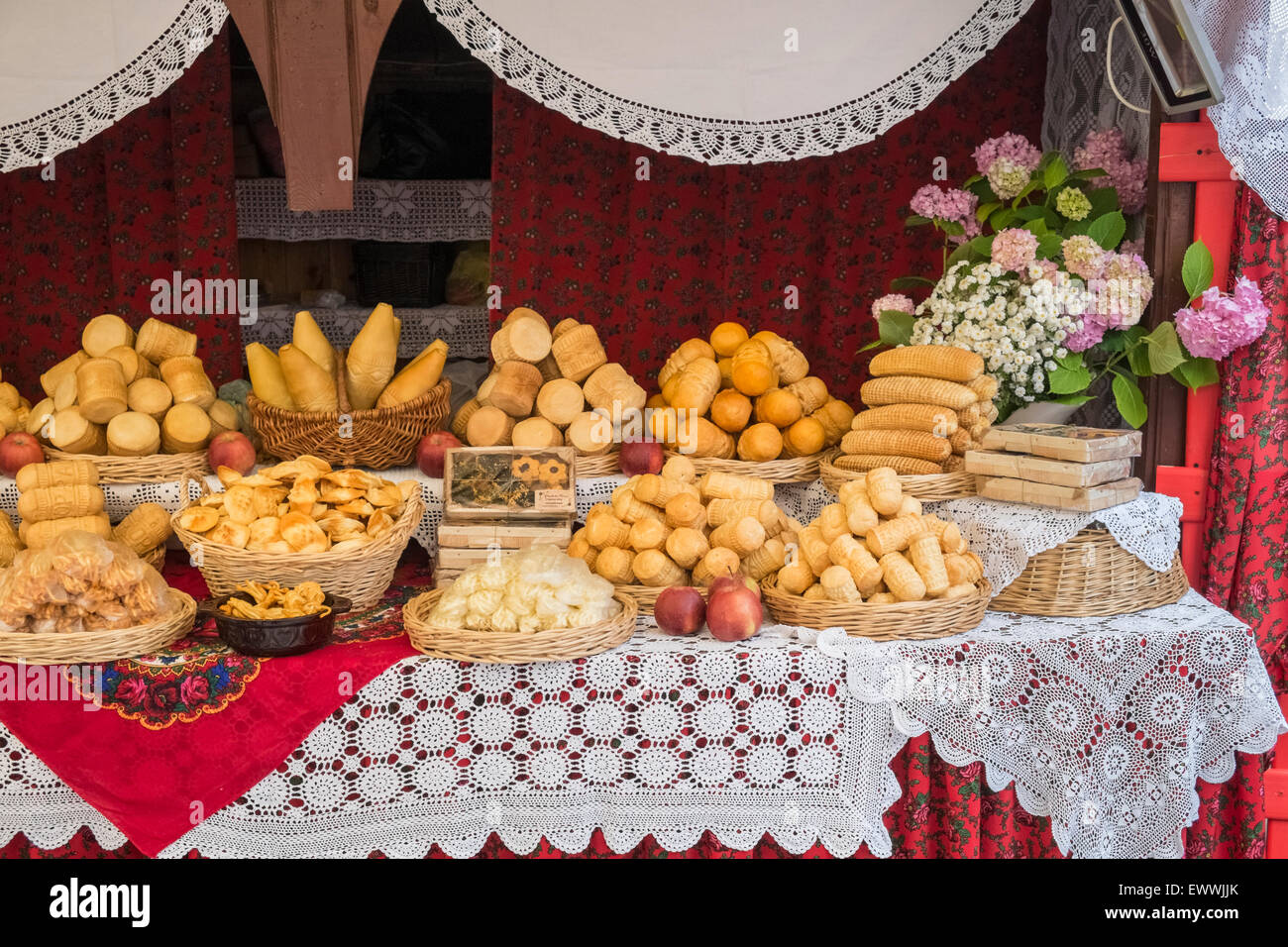 Freshly prepared food produce for sale, displayed on a market stall in