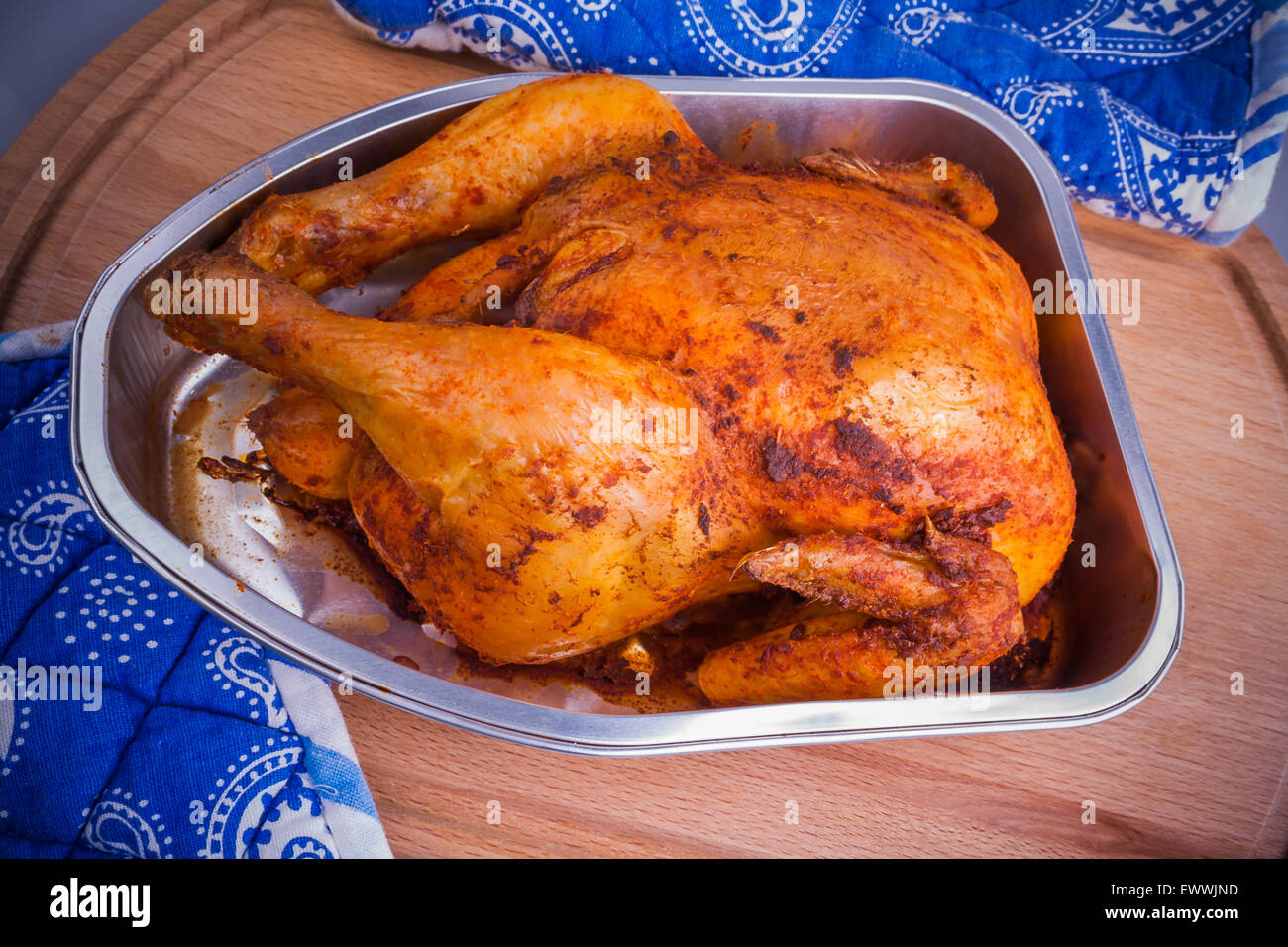 Baked fried chicken in aluminum dish, top view Stock Photo