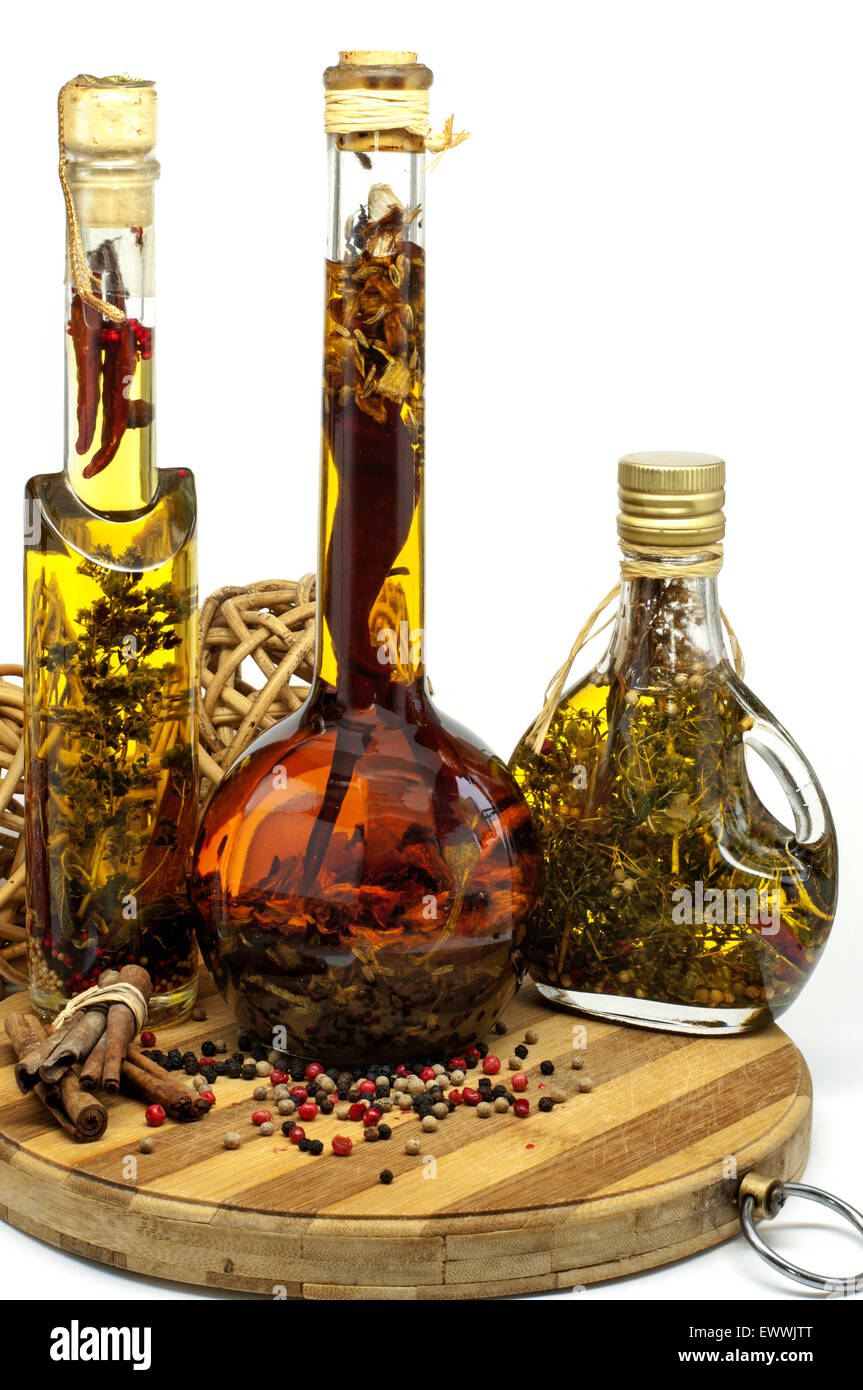 Spiced oil in nice bottles Stock Photo