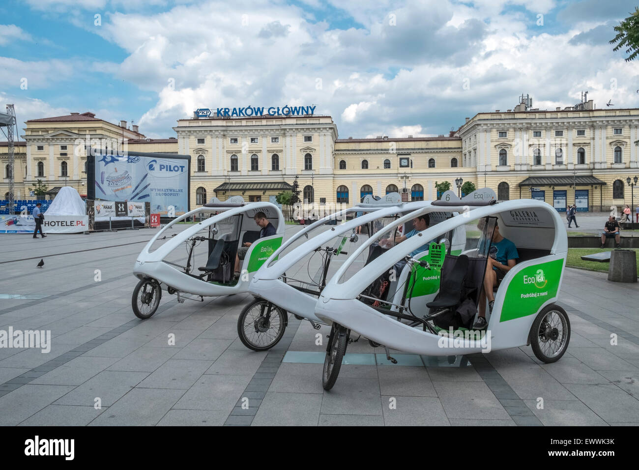 Polish Eco Taxi Rickshaws waiting for customers, Krakow, Poland Stock