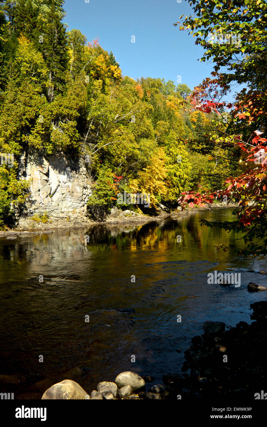 Trees in spectacular early autumn colours reflected in river parc Canyon Sainte Anne Quebec Stock Photo