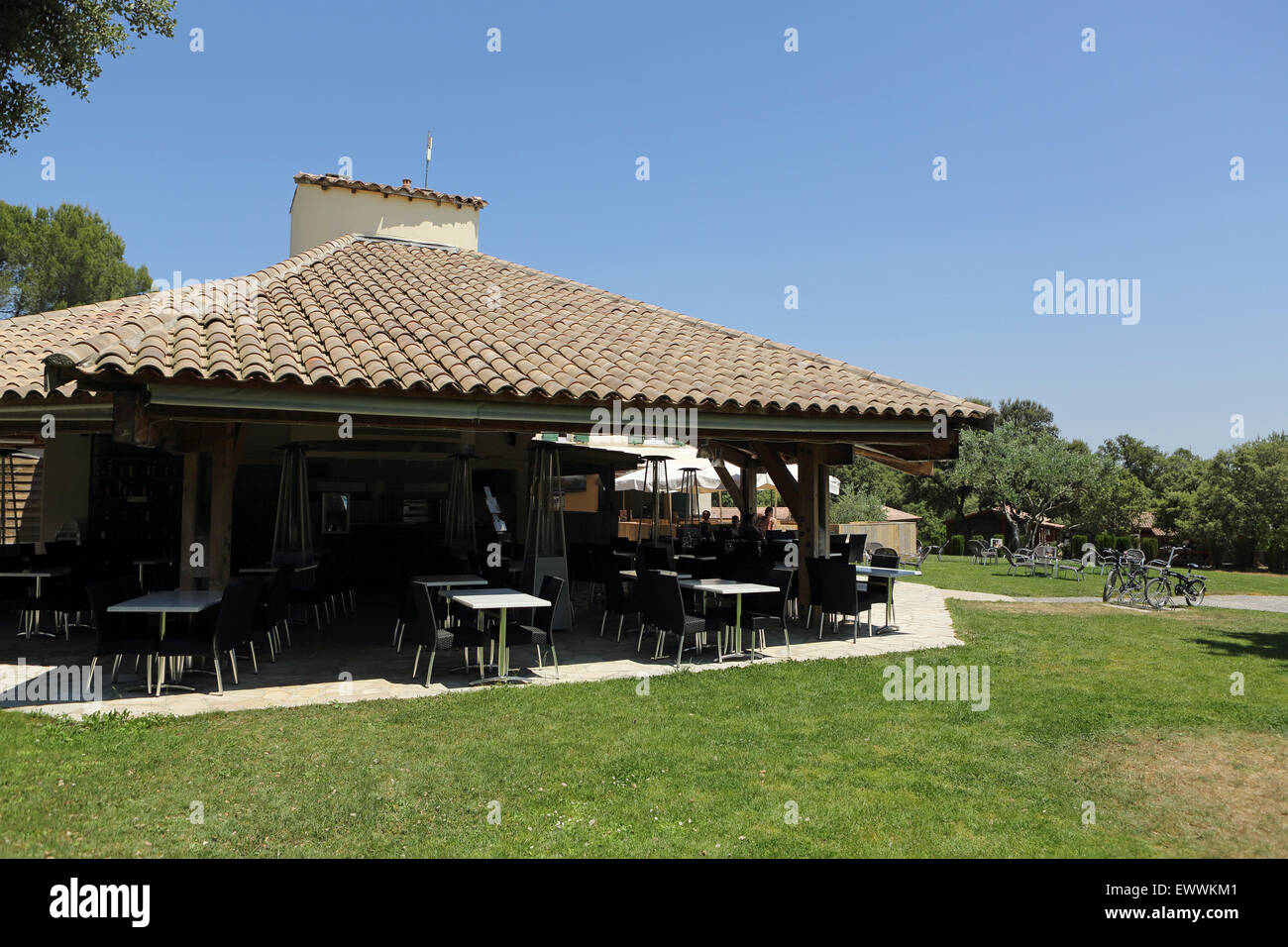 The restaurant at the Domaine de Massereau campsite in Sommieres, France. Stock Photo