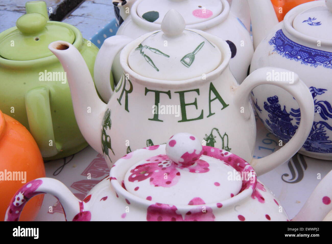 Traditional crock teapots at a vintage style tea stall at Chatsworth