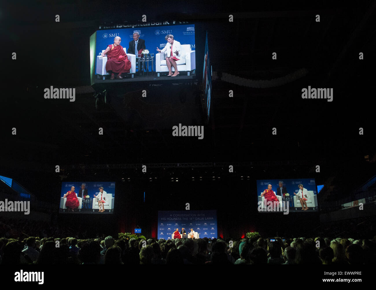 Dallas, Texas, USA. 1st July, 2015. Dalai Lama met with Cokie Roberts in the Moody Coliseum, where the SMU basketball team plays. Credit:  J. G. Domke/Alamy Live News Stock Photo