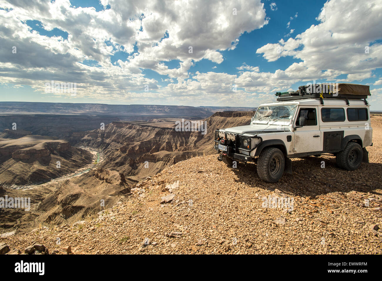 Namibia, Africa - Land Rover parked next to the Fish River Canyon Stock Photo