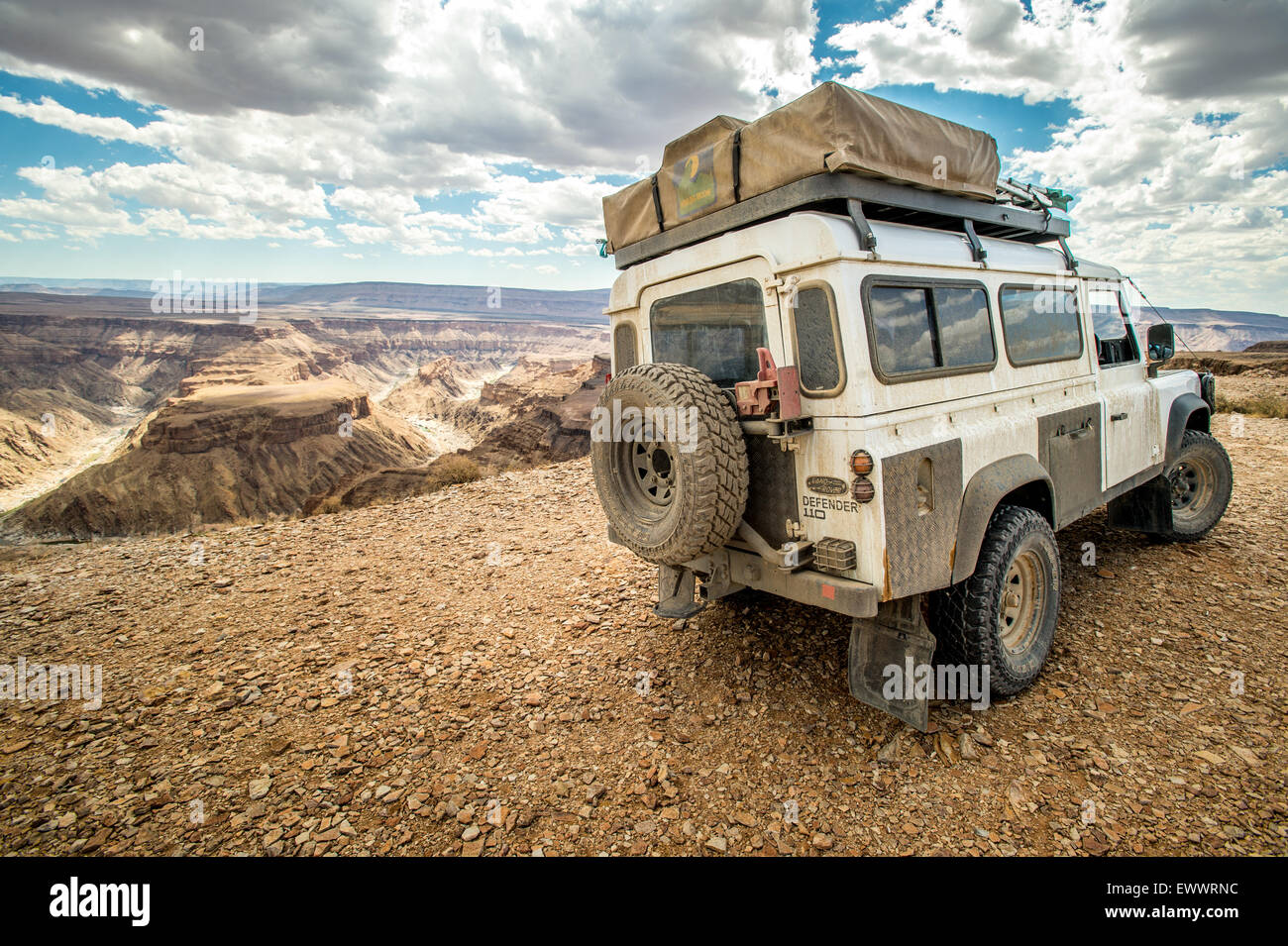Namibia, Africa - Land Rover parked next to the Fish River Canyon Stock Photo