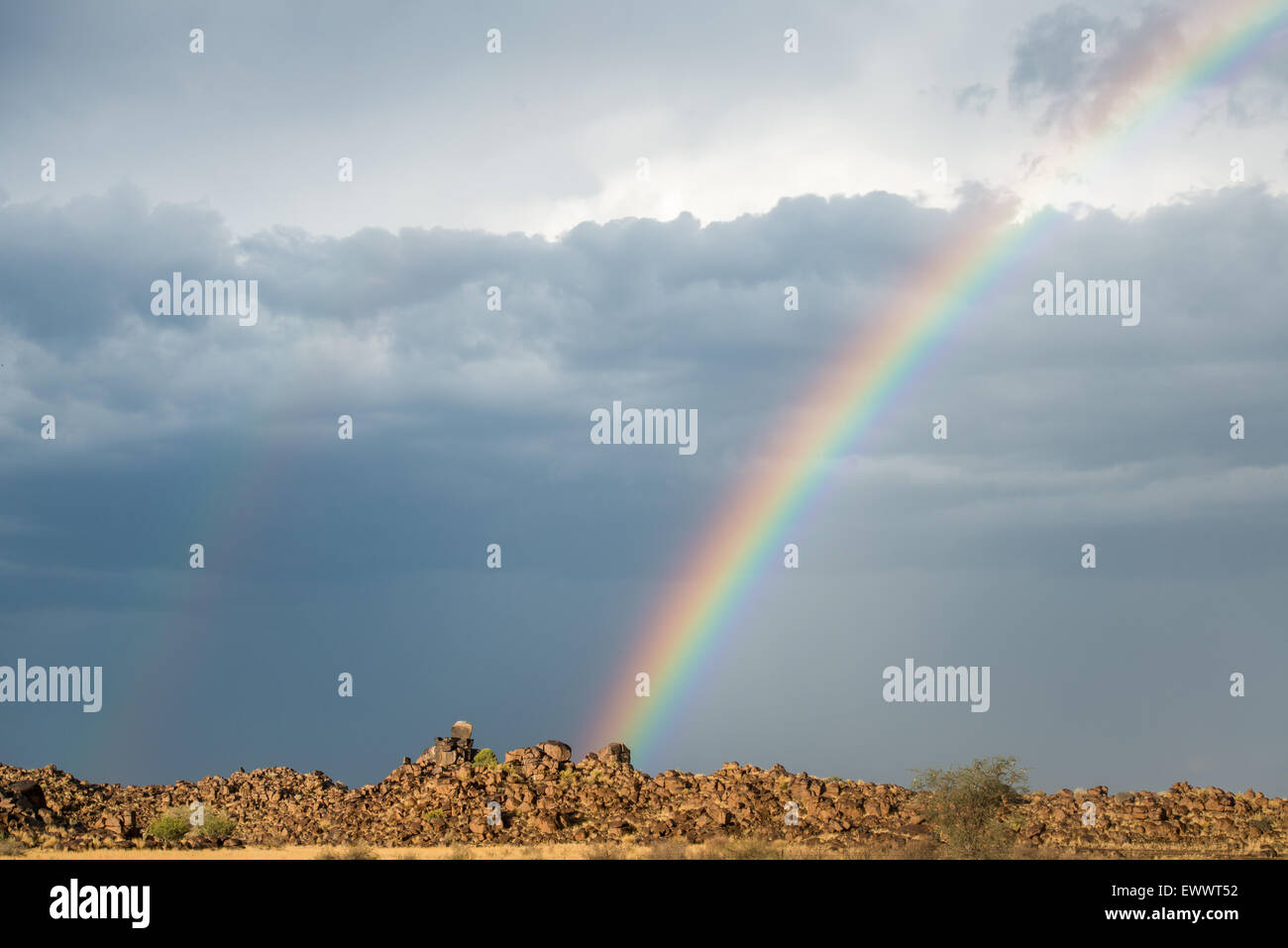 Keetmanshoop, Namibia, Africa - Rainbow in the sky over dry landscape Stock Photo