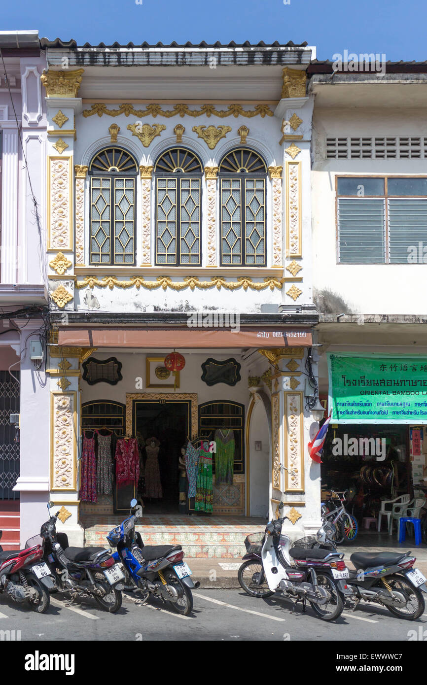 Restored Sino portuguese architecture on Thalang Road in old Phuket Town, Thailand Stock Photo